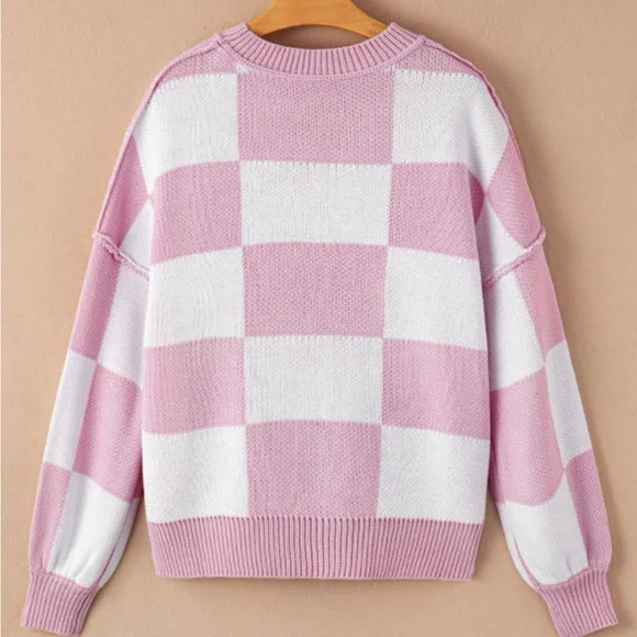 Pink Checkered Bubble Sleeved Crew Neck Knit Sweater - Picture 3 of 11